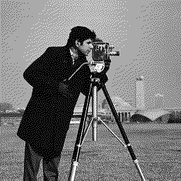 Test image "Cameraman" with 2 BPP grayscale palette using direct color mapping and Floyd-Steinberg dithering