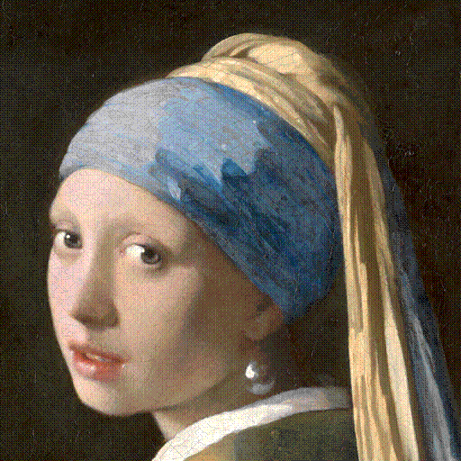 Test image "Girl with a Pearl Earring" with system default 8 BPP palette, quantized in the sRGB color space using Bayer 8x8 ordered dithering